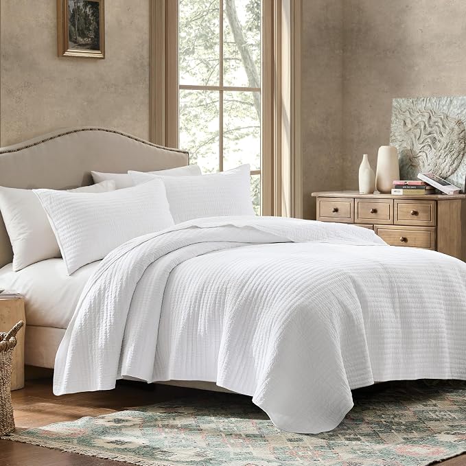 WDCOZY 100% Cotton King Size Quilt Set - White Striped Pick Stitch Soft Lightweight Bedspread, Textured Like Linen, Farmhouse Country Rustic Coverlet, Shabby Chic Gauze Bedding, 3 Pieces