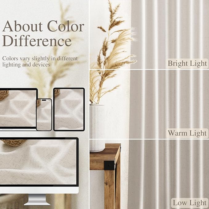 Pearl White Linen Curtains 102 Inches Long for Living Room Light Filtering Semi Sheer Curtain Back Tab Coastal Decor Floor to Ceiling Modern Drapes for Bedroom Office 52x102, 2 Panels