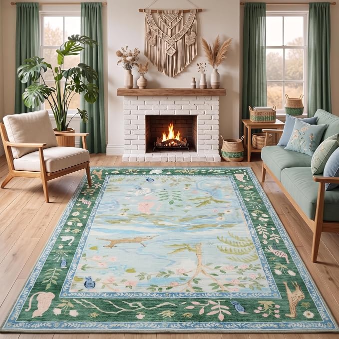 8x10 Washable Rug for Living Room Blue Animal Print Large Bedroom Rugs Non Slip Forest Nursery Girls Room Throw Carpet Stain Resistant Whimsical Safari Area Rugs for Home Office, Teal/Blue