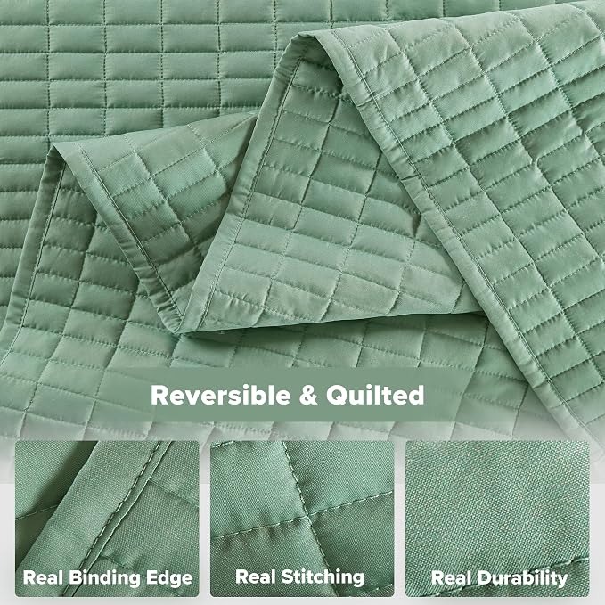 Comfort Spaces Oversized Bedspread King Quilt Set 3P 120 x 118 Sage Green | Coverlet for Summer Soft Cozy Lightweight All Season Quilted Extra Layer with Matching Sham, Bedroom Decor OEKO-TEX Certified