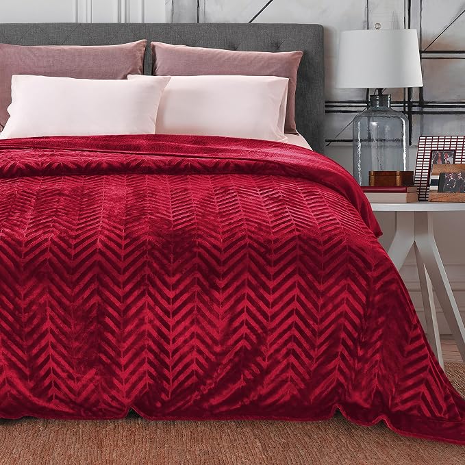 Whale Flotilla Flannel Fleece Bed Blanket Twin Size, Red | Lightweight Breathable Soft Bedspread, Plush Fluffy Coverlet Chevron Design Decorative Blanket for All Season, 60x80 Inch