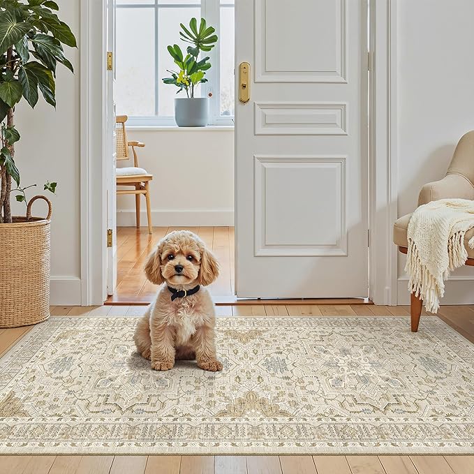 Madane Washable Area Rug 2x4, Small Entryway Rugs Non-Slip, Beige/Blue | Vintage Printed Door Mat Indoor Entrance, Low-Pile Floor Carpet Runner for Inside Front Bedroom Kitchen Entry Laundry, Stair