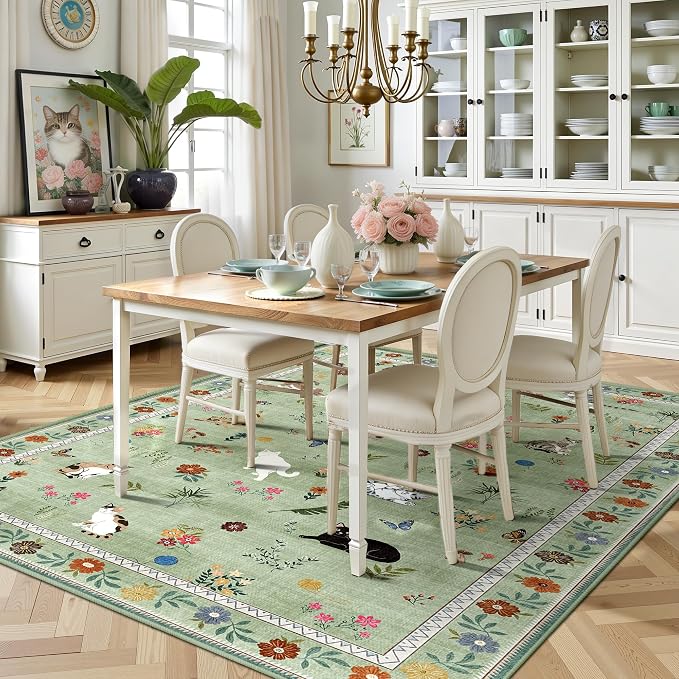 AIMPEAK Green 6x9 Washable Area Rug - Non Slip Low Pile Cat Floral Boho Vintage Carpet for Living Room, Bedroom, Farmhouse, Dining Room, Nursery, Girls Room, Kids Playroom, Green Multi
