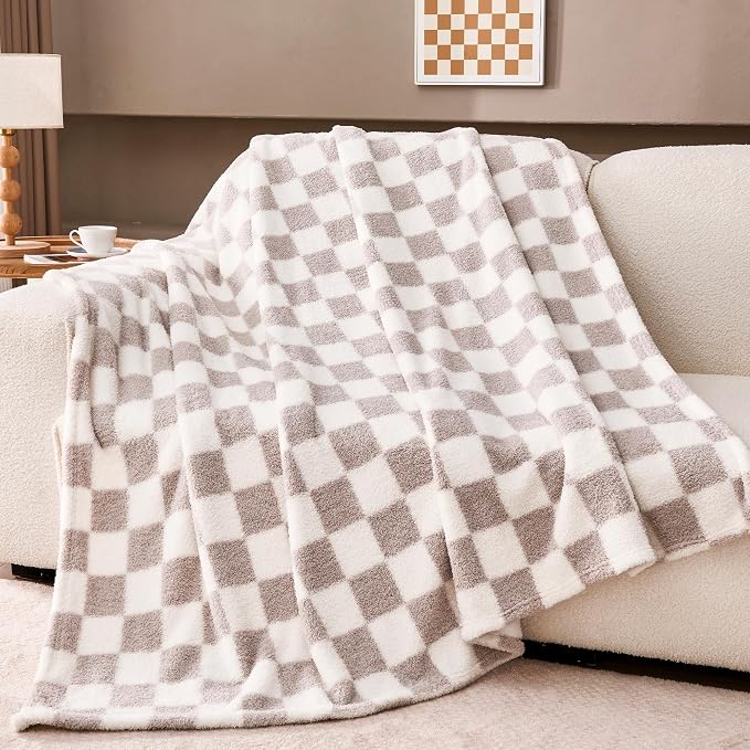 Purple Gray Checkered Twin Size Blanket, Soft Plush Microfiber Fleece Blanket for Couch Sofa Bed, Cozy Decorative Home Blanket, All Season, 60x80 Inches