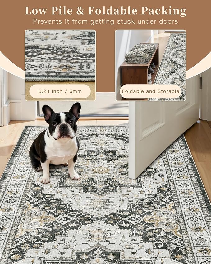 Madane Area Rug 4x6 Washable Rugs Vintage for Living Room, Black | Ultra-Thin Stain Resistant Vintage Large 4'X6' Carpet, Soft Low Pile Floor Mat For Bedroom Dining Room Office Home Decor