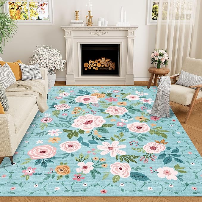 DUKINO 6x9 Area Rugs, Floral Washable Rug for Bedroom Non Slip, Teal | Soft, Low Pile, Large Indoor Rug for Living Room, Dining Room, Kids Room, Office, Pet Friendly, Home Decor, Stain Resistant