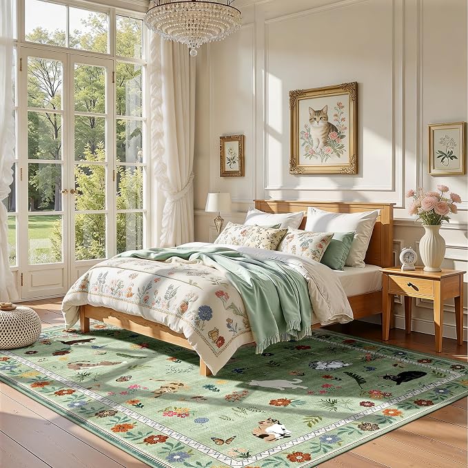 AIMPEAK Green 5x7 Washable Area Rug - Non Slip Low Profile Cat Floral Boho Carpet for Living Room, Bedroom, Farmhouse, Dining Room, Kids Playroom, Nursery, Vintage, Green Multi