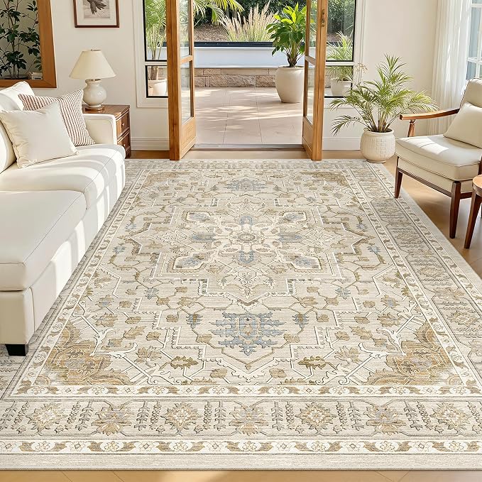 Madane 6x9 Area Rugs for Living Room, Vintage Washable Rug, Beige/Blue | Stain Resistant Floor Carpet With Non-Slip Backing For Bedroom, Dining Bedroom And Office, Soft Low-Pile Home Decor Mat