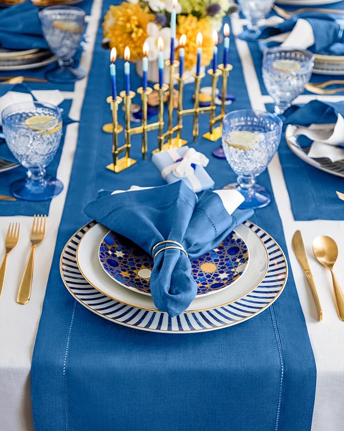 Solino Home 100% Pure Linen Table Runner Indigo Blue Hemstitch, 14 x 108 in | Classic Hemstitch, dresses up dining tables for everyday meals, hemstitched border, mitered corners, soft, OEKO-TEX Certified