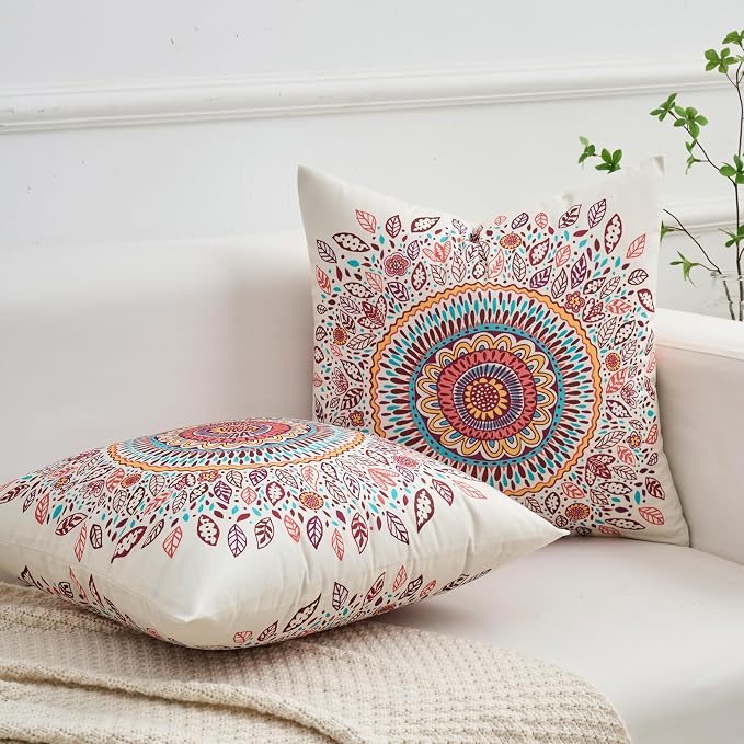 Boho Throw Pillow Covers 18X18 Inch Set of 2 Bohemian Soft Velvet Couch Pillow Cases Farmhouse Decorative Pillow Covers for Sofa Living Room Bedroom Outdoor Patio Porch Mandala Bloom