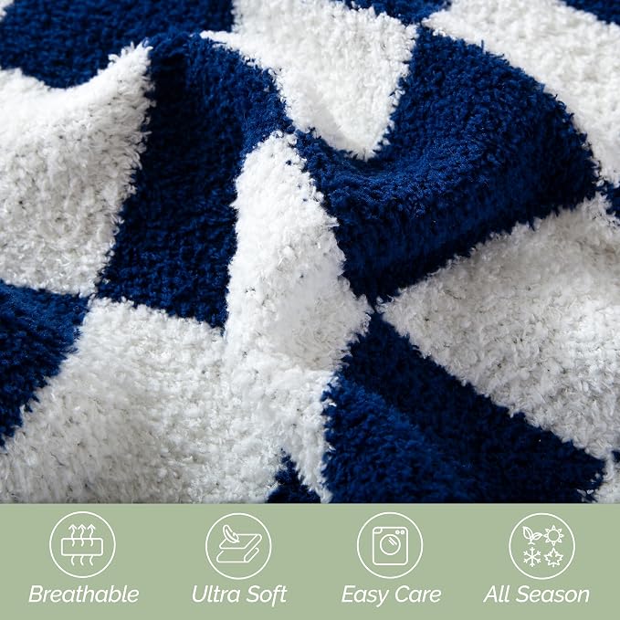 Elegant Comfort Premium Checkered Reversible Throw Blanket - Ultra Soft and Lightweight, Luxury Knitted Breathable Fleece for Couch, Bed, Sofa - Warm Velvet Fluffy Throw, 50 x 70 Inch, Navy Blue