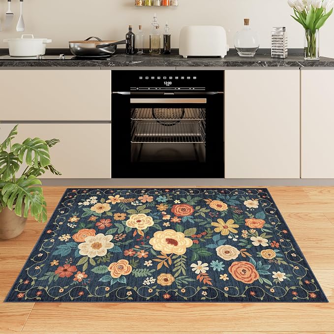 DUKINO 2x3 Entryway Rug, Door Mat Soft Washable Rug Non Slip, Navy Blue | Low Pile, Non-Shedding, Floral Small Rug for Kitchen, Entrance, Bedroom, Bathroom, Pet Friendly, Stain Resistant, Home Decor