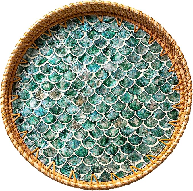 JUNGLE CULTURE Round Rattan Tray with Mother of Pearl Inlay • Cascade 12”