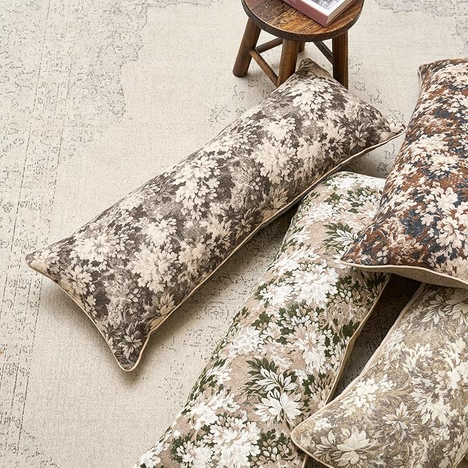 Yangest Neutral Floral Pillow Cover 14 x 36 Inches, Vintage Chenille Accent Throw Pillow Cover Soft Decorative Farmhouse Accent Couch Pillow Cover for Living Room Bedroom, Beige