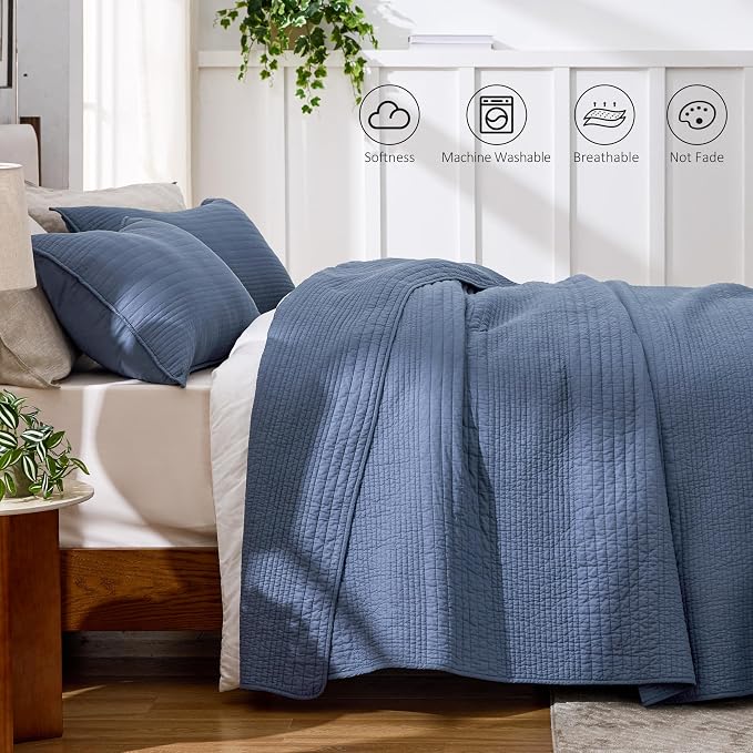 Love's cabin Queen Size Cotton Quilt Set, 100% Cotton Fabric Striped Textured Coverlet with Crinkled Look, Lightweight Quilted Bedspread for All Season, Includes 2 Pillow Shams, Bluish Grey | Lightweight