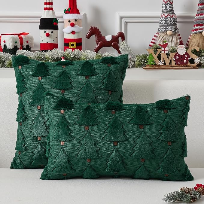 UGASA Christmas Tree Pillow Covers 12x20 Inch Set of 2 Soft Plush Faux Fur Luxury Embroidery Lumbar Cushion Covers for Couch Sofa Holiday Festivals Winter Xmas Gift, Dark Green