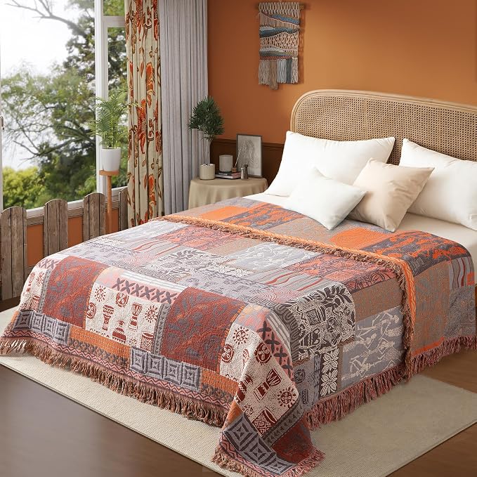 Phuryllic Boho Throw Blanket Full Size, Extra Large Soft Cozy Cotton Muslin Quilt Blanket for Bed Decor, Patchwork Block Couch Sofa Chair Cover, Vintage Farmhouse Cottage Woven Blanket, Red&Orange