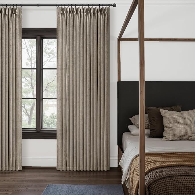 Custom 60 Inch Wide Pleated Natural Linen Curtains 92 Inches Long for Office, Memory Shape Dark Flax Semi Sheer Light Filtering Drapes Classroom 90-92 Inch Length Country Windows Curtain 2 Panels Set