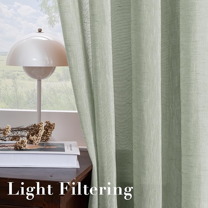 H.VERSAILTEX Linen Curtains Natural Linen Blended Curtain Panels for Living Room/Light Reducing Linen Semi Sheer Curtains 96 inch Length 2 Panels Set Nickel Grommet Window Panels, Sage