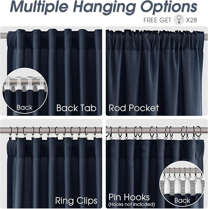 Extra Long Linen Curtains 108 Inches for Living Room Back Tab Semi Sheer High Floor to Ceiling 9ft Light Filtering Curtain Boho Farmhouse Decor Window Drapes for Bedroom 2 Panels Navy Blue