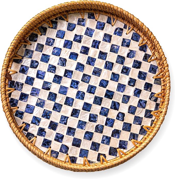 JUNGLE CULTURE Round Rattan Tray with Mother of Pearl Inlay • Drift 12”