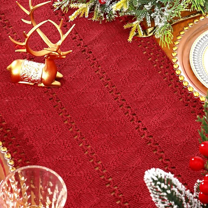 Macrame Table Runner Christmas Red Boho Table Runners with Tassels 12x71in | Alynsehom Hand Woven Cotton Table Runner Rustic Farmhouse Table Runners for Xmas Kitchen Dining Table