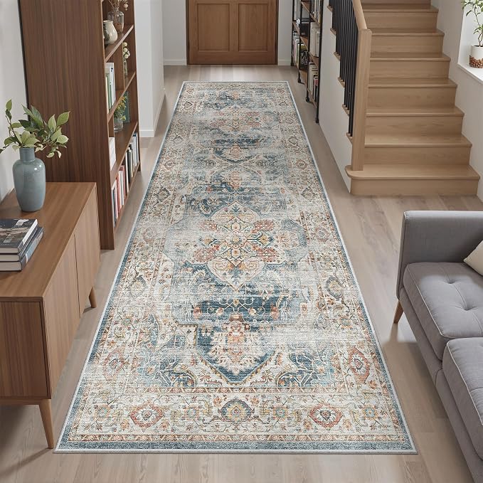 Madane Kitchen Runner 2'6''x8' Soft Rug Runners for Hallways, Navy | Vintage Machine Washable Printed Rugs 2.5x8 Ft, Non-Slip Low Pile Stain-Resistant 8ft Floor Carpet for Laundry Room, Corridor