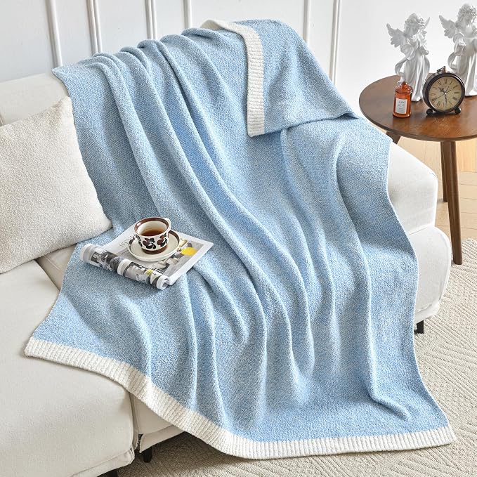 Chunky Knit Boucle Throw Blanket, Soft Washable Coastal Blanket for Bed Couch, Lightweight Cozy Oversized Feather Knit Blanket Indoor Outdoor for Sofa (Blue, Twin 60"x80")