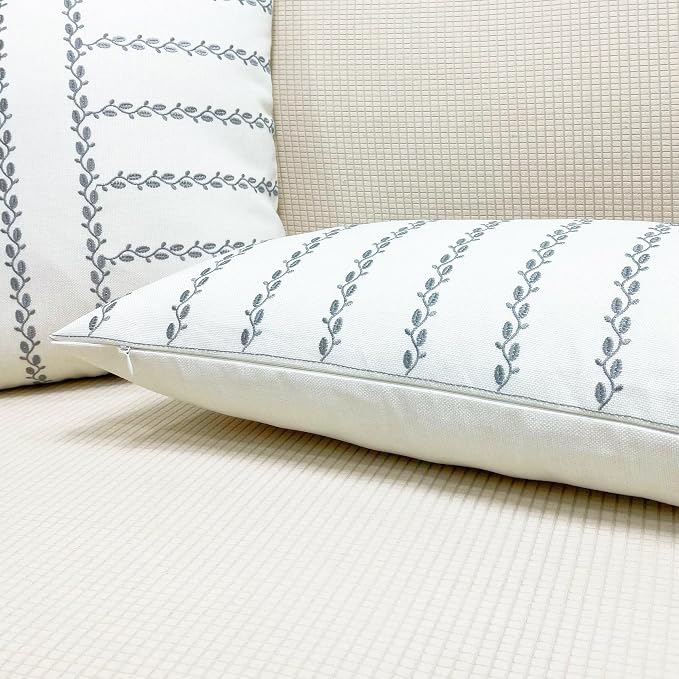 Slow Cow Linen Embroidery Rectangular Throw Pillow Cover Stripe Lumbar Cushion Cover for Couch Sofa 12 x 33 Inches Grey