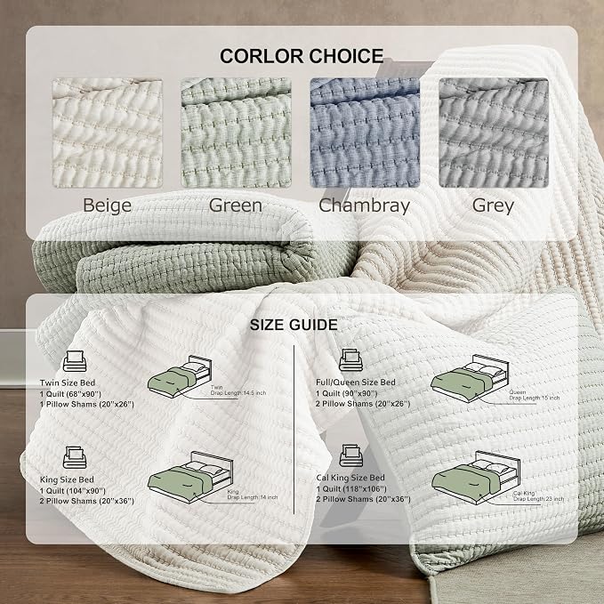 WDCOZY Chambray Pick Stitch King Size Quilt Set, Denim Blue Striped Lightweight Soft Summer Spring Bedspread, Bamboo Linen Like Textured Coverlet, Farmhouse Country Rustic Bedding, Thin Comforter