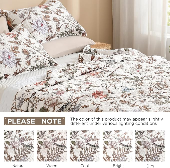 Litanika Floral White Quilt California King - 3Pcs Botanical Birds Bed Set | Bedspread Summer Lightweight Soft Coverlet with Pink Flower for All Seasons (112"x104")