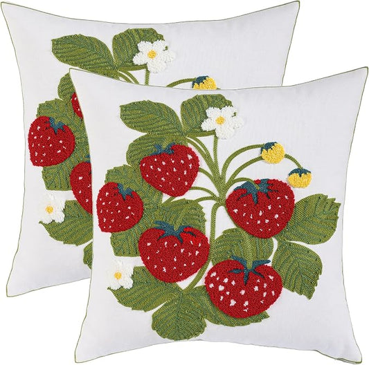 Embroidered Throw Pillow Covers 18x18 inch Pack of 2 Red Strawberry with Green Leaves Floral Pillowcases Farmhouse Pillow Cushion Cases Summer Home Decor for Sofa Bed Living Room