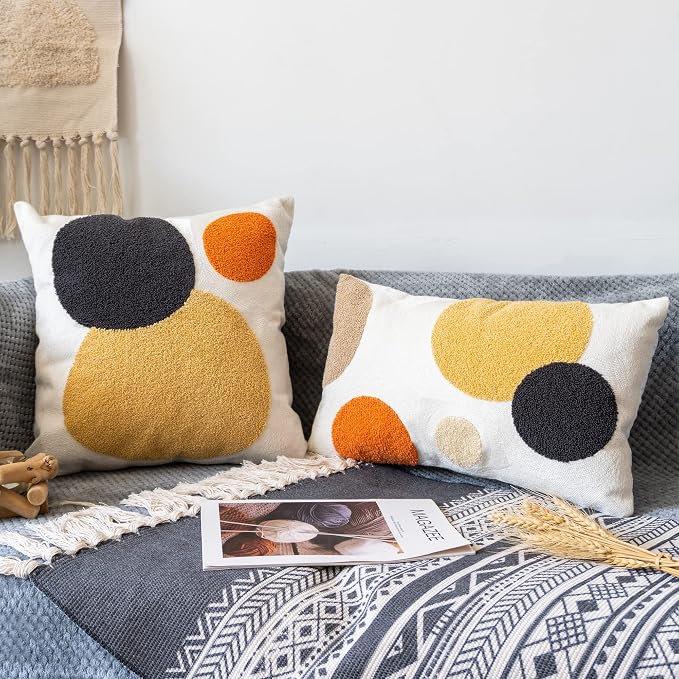 Lumbar Throw Pillow Cover, Boho Tufted Mid Century Rectangle Pillowcase for Modern Bedroom Living Room, Abstract Textured Cushion Sham, 12x20 inch, 1PCS (Yellow Orange)
