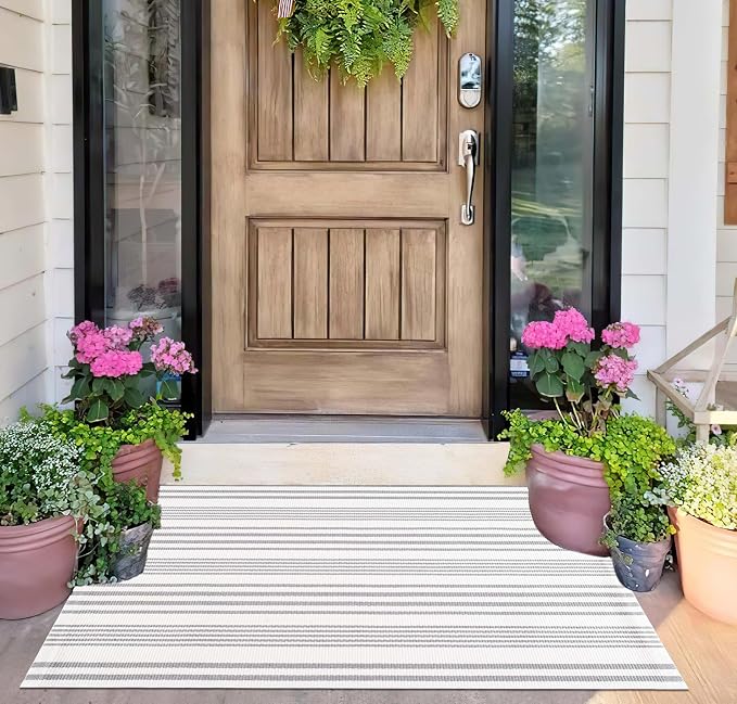Grey and White Striped Outdoor Rug 24'' x 35'' Door Mat Outdoor Machine Washable Welcome Mats Cotton Hand-Woven Entryway Rug for Front Porch/Entryway/Laundry/Bathroom/Bedroom
