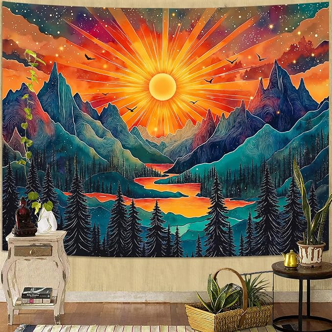 Zussun Vintage Sun Mountain Tapestry Hippie Boho Nature Forest Tree Wall Tapestry for Bedroom Aesthetic Sunset River Landscape Large Tapestries Wall Hanging for Dorm Living Room Decor 80 x 60 Inch
