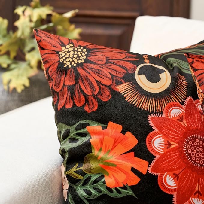 Tyrot Black Red Boho Floral Velvet Throw Pillow Covers 20x20 Inch Set of 2 Vintage Farmhouse Cushion Covers Mid Century Botanical Home Decor Pillow Cases for Couch Bed Sofa Living Room, Bedroom