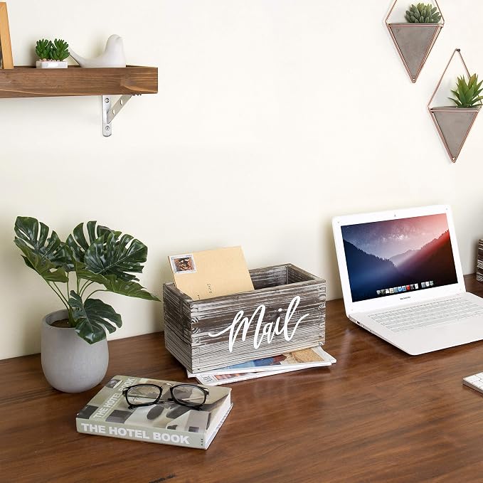 MyGift Torched Wood Mail Holder Organizer, Desktop Letter Storage Box