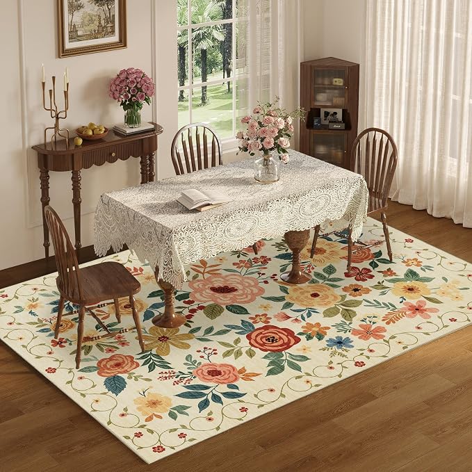 DUKINO 5x7 Area Rug Floral Washable Living Room Rug Non Slip Beige Yellow | Soft, Low Pile, Stain Resistant Indoor Rug for Bedroom, Dining Room, Office, Pet Friendly, Lightweight, Modern Home Decor