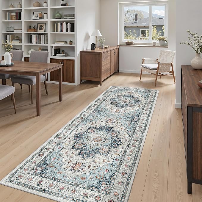 Madane Hallway Runner 3x8, Kitchen Rugs Washable Entry Rug, Blue | Vintage Non Slip Entryway Indoor Area Rugs, Soft Low-Pile Farmhouse Wide Carpet Runners for Bathroom Living Room Bedroom