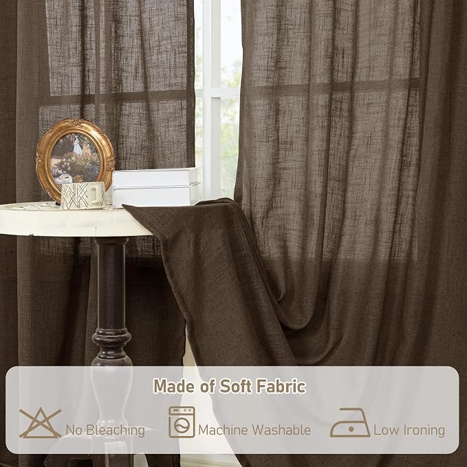 Linen Semi Sheer Curtains 63 Inch Length 2 Panels, Dark Brown | Chocolate, Light Filtering, Bedroom Curtains, Linen Textured, Window, Drapes for Living Room, Bronze Grommet, 34 x 63 Inch