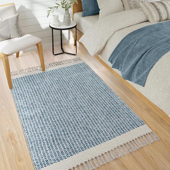Lahome Boho Bathroom Rugs, 3x5 Washable Area Rug for Kitchen Bedroom Entry | Bath Door Mat with Tassels Woven Cotton, Farmhouse Blue Non Shedding Throw Carpet for Entryway Living Room Dorm Camper Rv