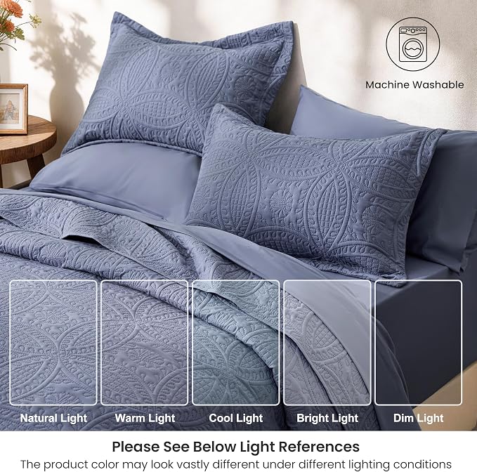 Love's cabin Queen Quilt Set Bluish Grey, Bed in a Bag Queen Bedding 7 Pcs, Ultrasonic Embossed Coin Pattern Comforter, Lightweight Bedspreads for All Seasons Quilt with Sheets, Pillowcases & Shams