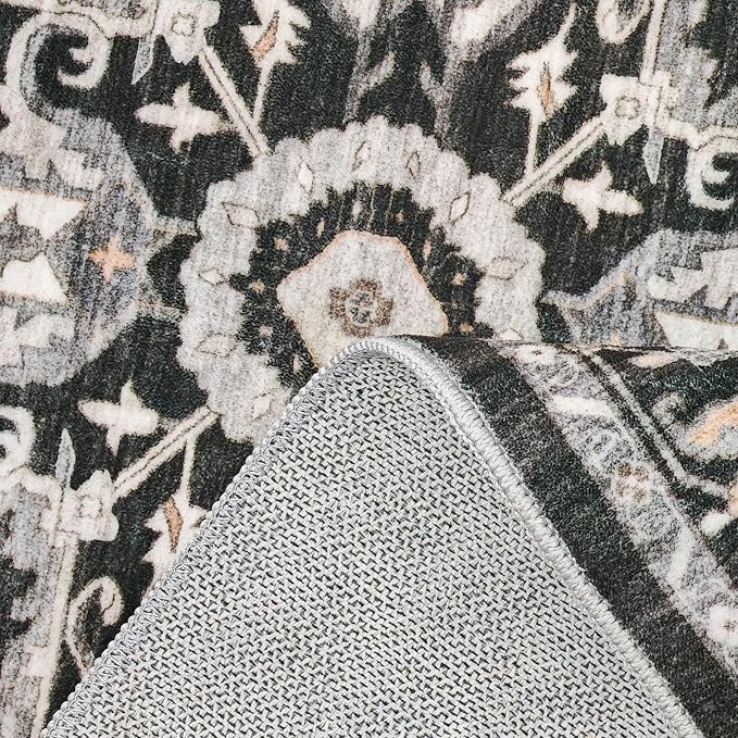 Non-Slip Washable 3x4 Entryway Rug - Boho Low Pile Throw Rugs for Kitchen Entrance Bedroom Soft Thin Area Rugs for Hallway Front Door Bathroom Vintage Distressed Home Decor (Black/Beige/Grey,3x4)