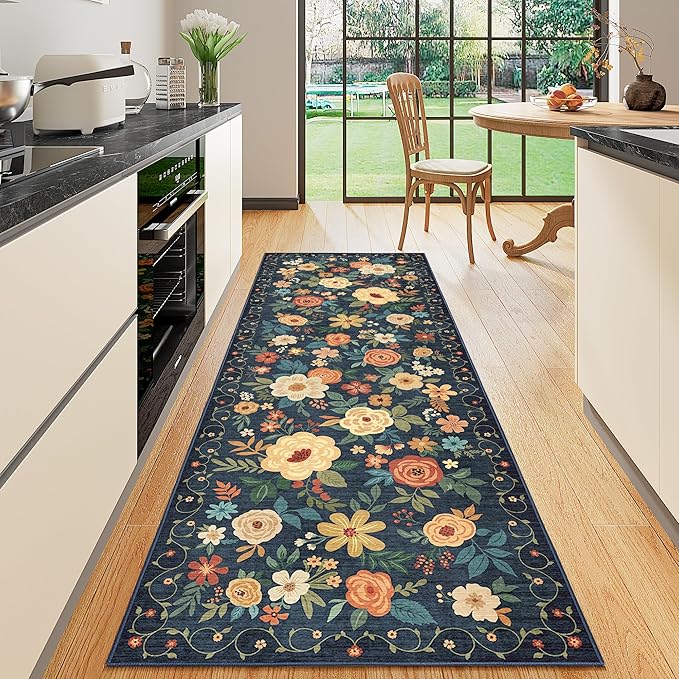 DUKINO 2.6x8 Runner Rug, Washable Runner Rug for Hallway Non Slip Navy Blue | Low Pile, Soft, Floral Indoor Rug for Kitchen, Entryway, Bedroom, Bathroom, Pet Friendly, Stain Resistant, Modern Home Decor