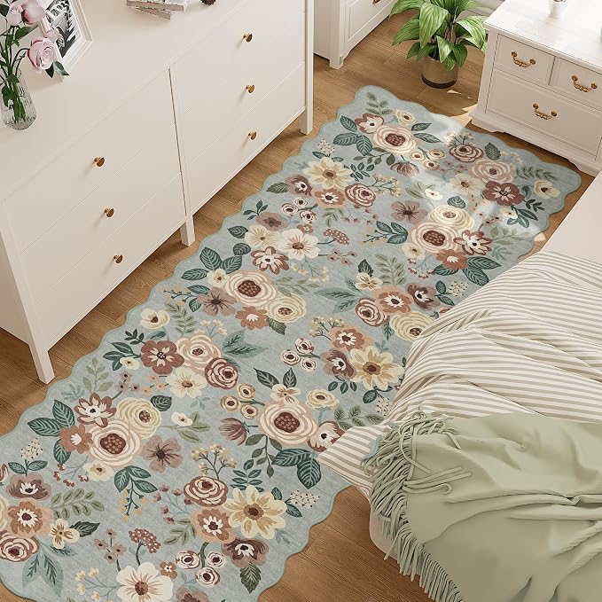 DUKINO 2x10 Runner Rug for Hallway, Washable Kitchen Rugs, Sage Green | Non Slip, Low Pile, Soft Floral Throw Carpet Runner for Entryway, Bedroom, Bathroom, Laundry, Pet Friendly, Modern Home Decor