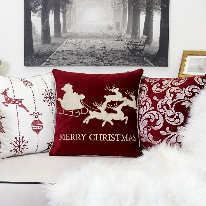 Embroidery Red Velvet Throw Pillow Cover, Merry Christmas Series Santa Claus Sledge Luxury Soft Fuzzy Cozy Warm Slik Gift Square Couch Cushion Pillow Case 20 x 20 Inch, Cover Only