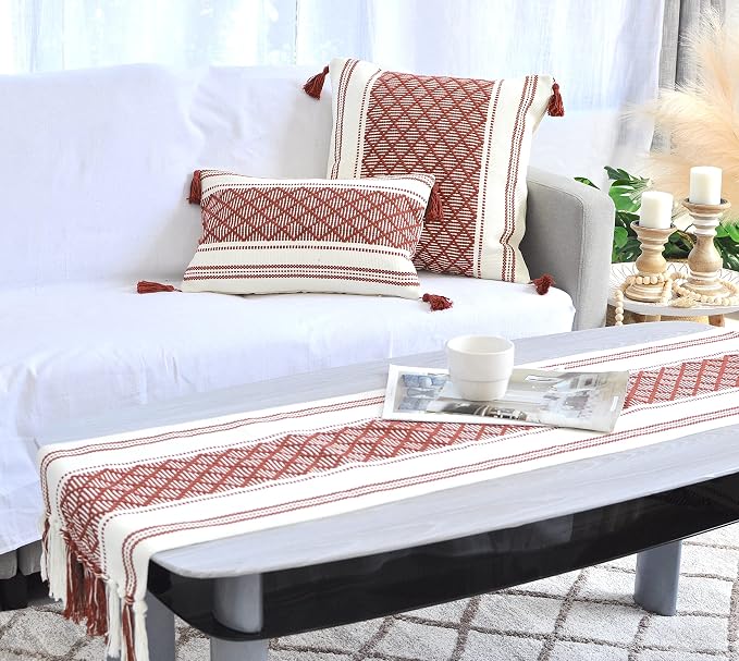 Decorative Boho Throw Pillow Covers with Tassels (Maroon & Off White, 20x20 inch - Pack of 2) / Designer Cushion Covers for Sofa, Bed/Farmhouse Accent Cotton Woven Pillow Cases Burgundy