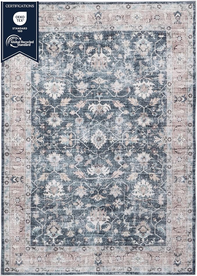Machine Washable Area Rug, Soft & Durable, Non-Slip, Stain Resistant Rug for Bedroom, Living & Dining Room, High Traffic Areas (Indigo Bloom, 9' X 12')
