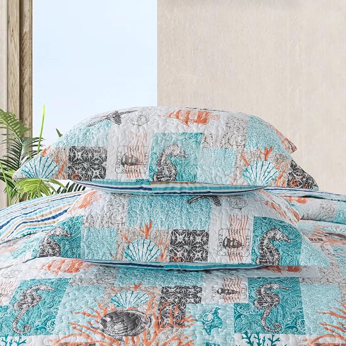 NEWLAKE Quilt Bedspread Sets - West Coastal Pattern Reversible Coverlet Set, Queen Size