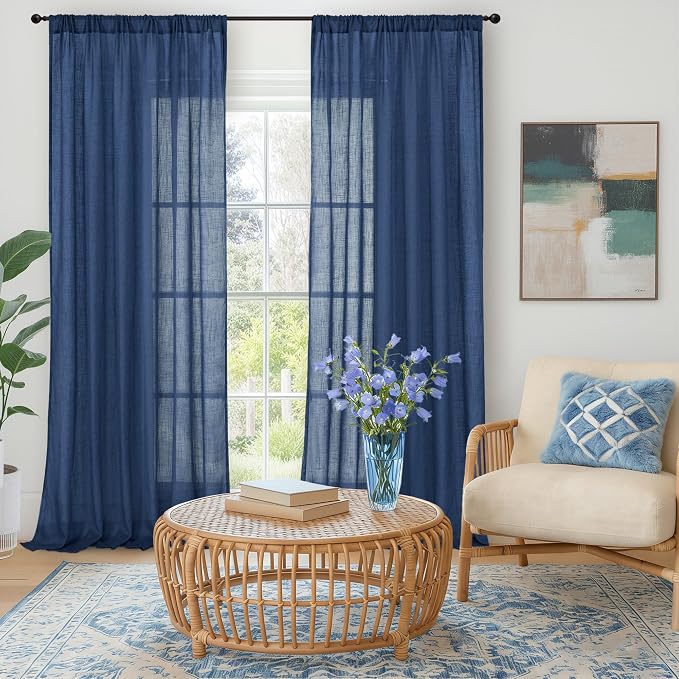 BGment 102 Inch Length Navy Blue Linen Curtains for Living Room, Semi Sheer Window Drapes Extra Long Light Filtering for Bedroom with Rod Pocket Lightweight, 2 Panels Set, Each 52 Inch Wide